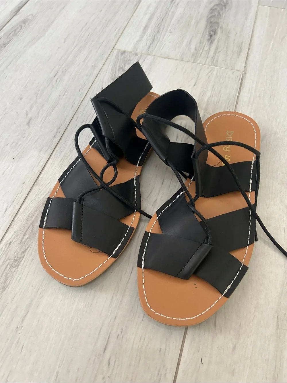 Dirty Laundry Black Lace-Up Slide Sandals with Tan Footbed